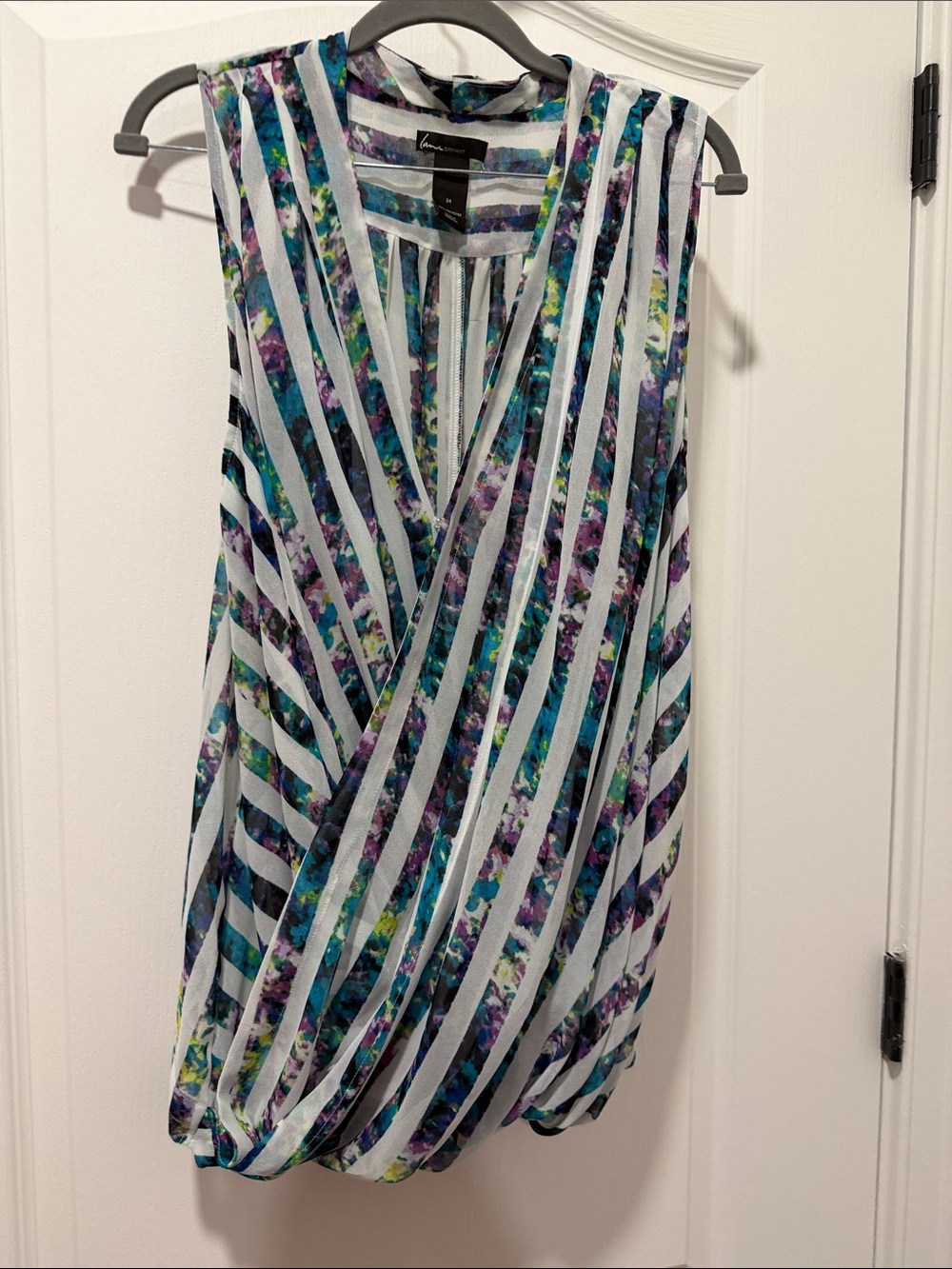 Striped and Floral Surplice Sleeveless Blouse